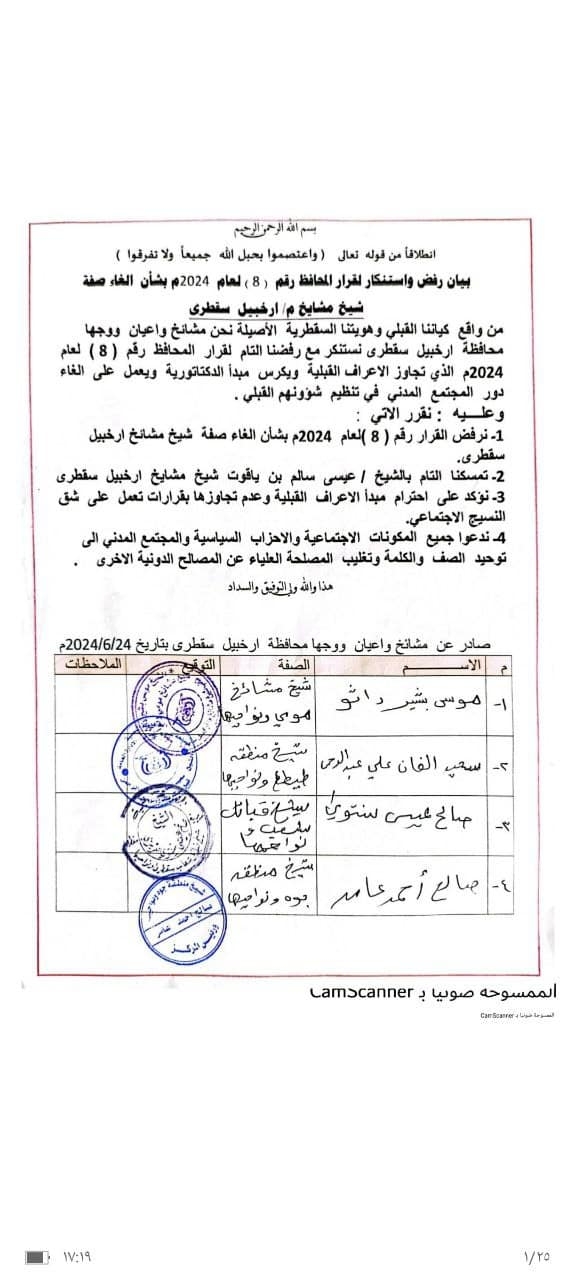 قبائل سقطرى ترفض قرار الثقلي وتجدد تمسّكها بشيخ الأرخبيل عيسى بن ياقوت