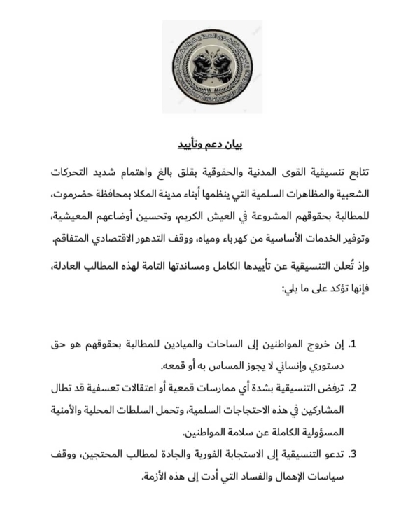 حضرموت .. تنسيقية القوى المدنية تؤكد دعمها للاحتجاجات الشعبية في المكلا