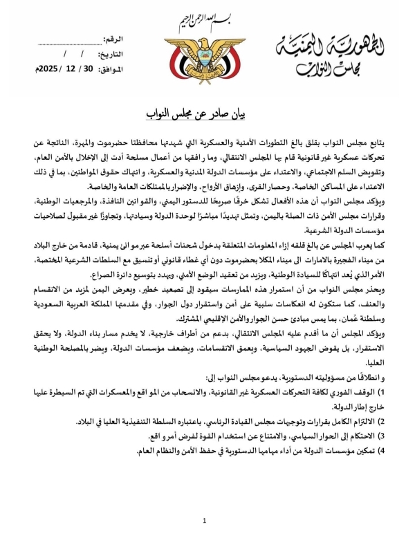 مجلس النواب: تحركات الانتقالي خرق صريح للدستور وتهديد لوحدة اليمن وسيادته